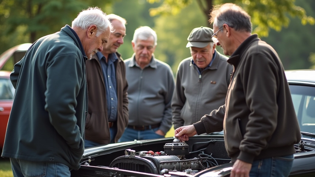 Keletas žmonių stovintys aplink atvertą seną automobilį, apžiūrinėjantys variklį, saulėtas dienos apšvietimas