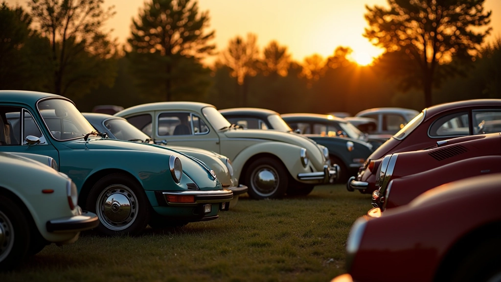 Klasikinių automobilių susirinkim Kaune, retro mašinos eilėje, žali sodai, vakarinė šviesa, susitikimai entuziastų