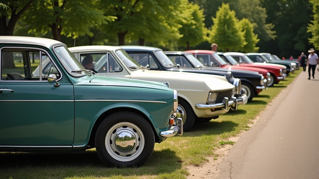 Keletas senovinių automobilių stovintys garažo eilėje, žali ir raudoni automobiliai, saulėtas oras