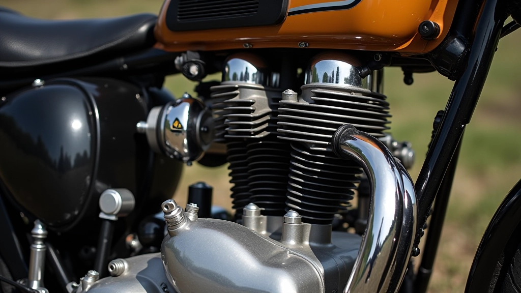 Senovinio motociklo variklis su išskleistomis metalinėmis sparelėmis, parodytas šoniniame žvilgsnyje